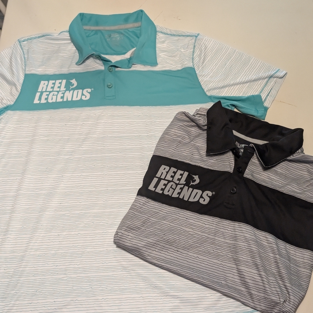 Reel Legends Medium Teal and Black Striped Polo Shirt